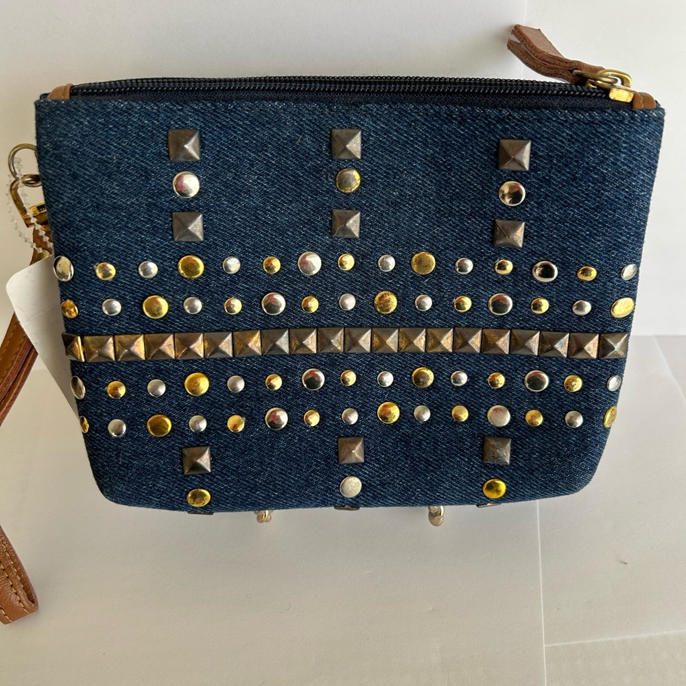 Studded Denim Wristlet with Gold Accents